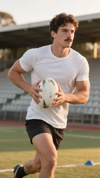 Callum, an adult AI rugby player in a white T-shirt holding a ball on a sports field.